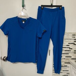 Planet Koi Cobalt Blue 2Pc Set of v neck Top Bottom Medical Scrubs Women’s M/L